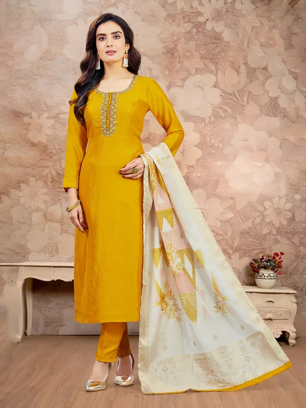 Yellow silk sequins work salwar suit