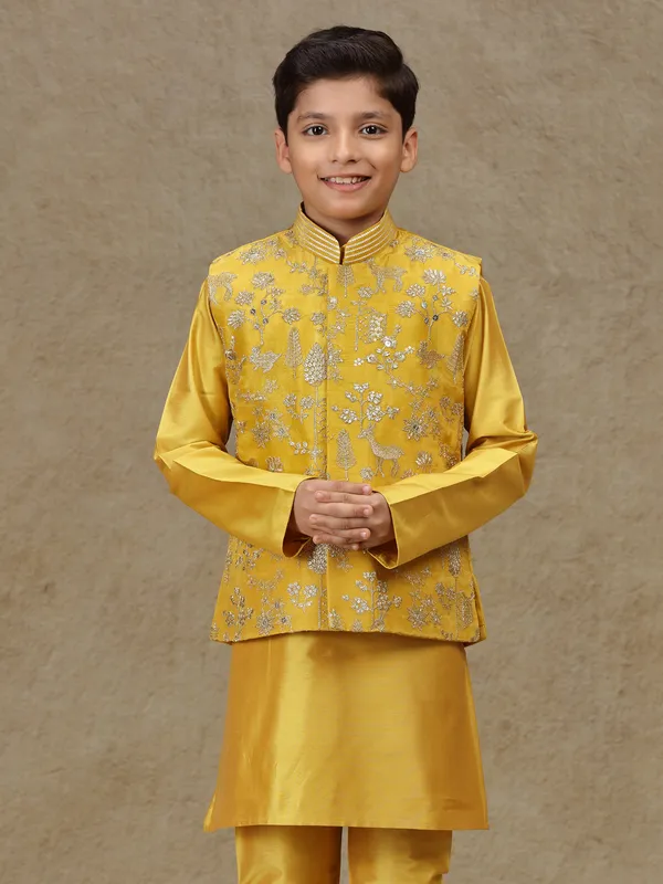 Yellow silk waistcoat set with resham work