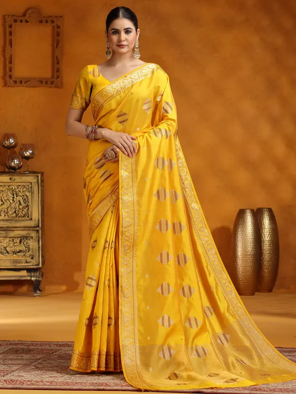 Yellow silk zari work saree
