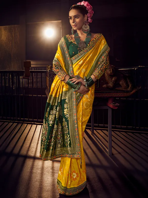 Yellow silk zari worked saree for wedding wear