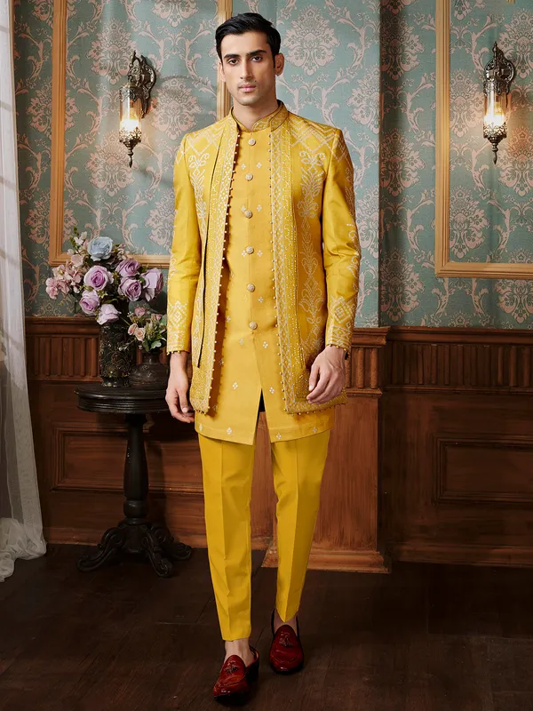 Yellow terry rayon Indowestern with minimal thread work
