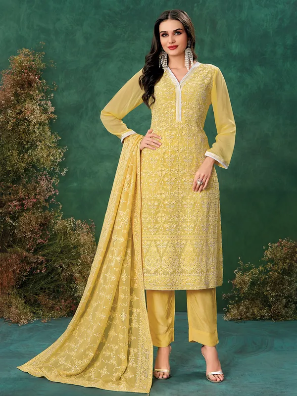 Yellow thread worked georgette salwar suit