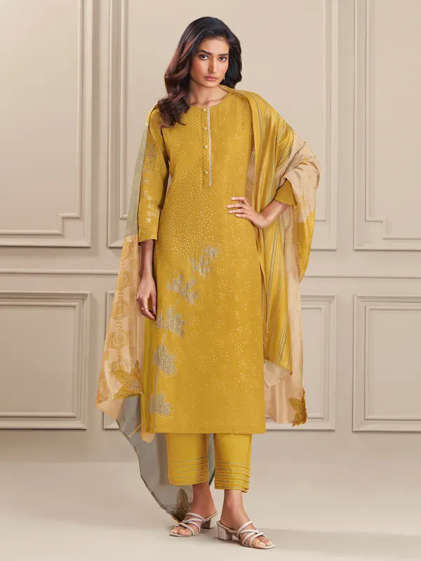 Yellow thread worked salwar suit in linen cotton