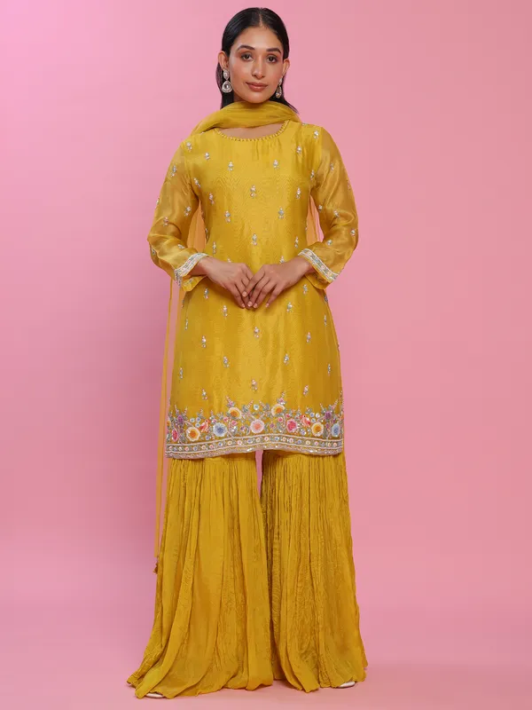 Yellow tissue silk sharara suit