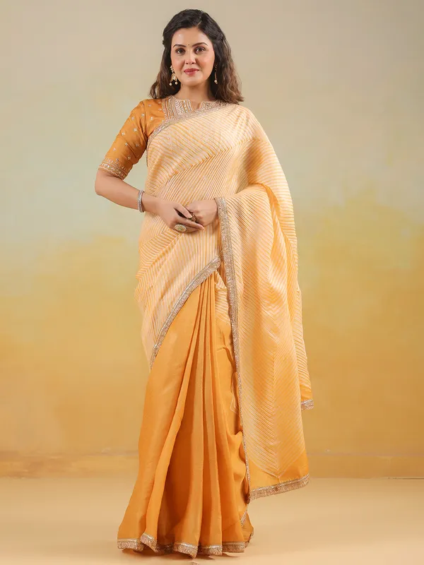 Yellow tusser silk saree with printed