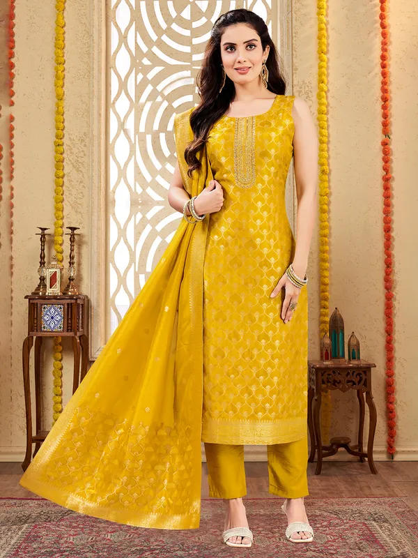 Yellow zari embellished silk salwar suit