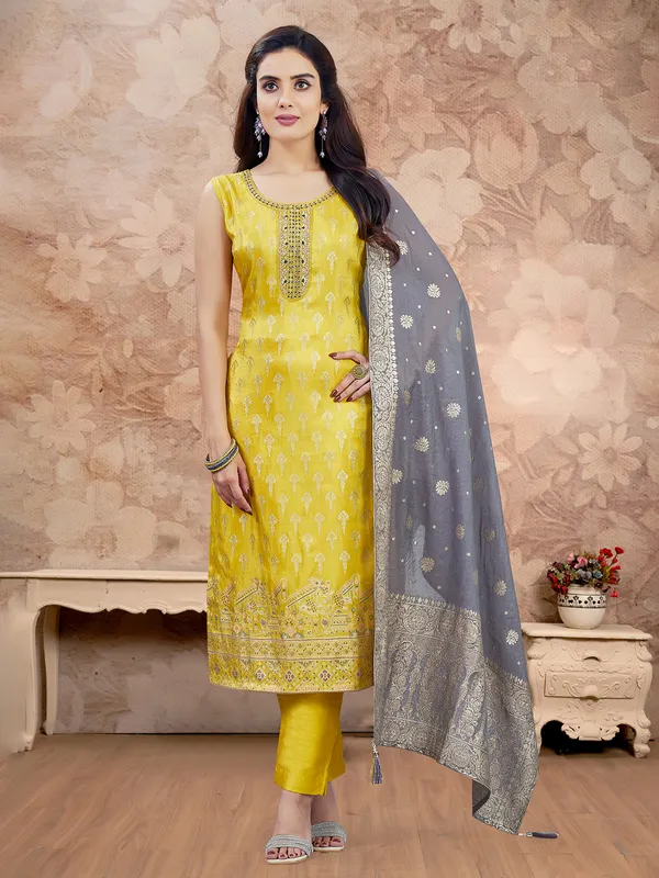 Yellow zari worked silk salwar suit