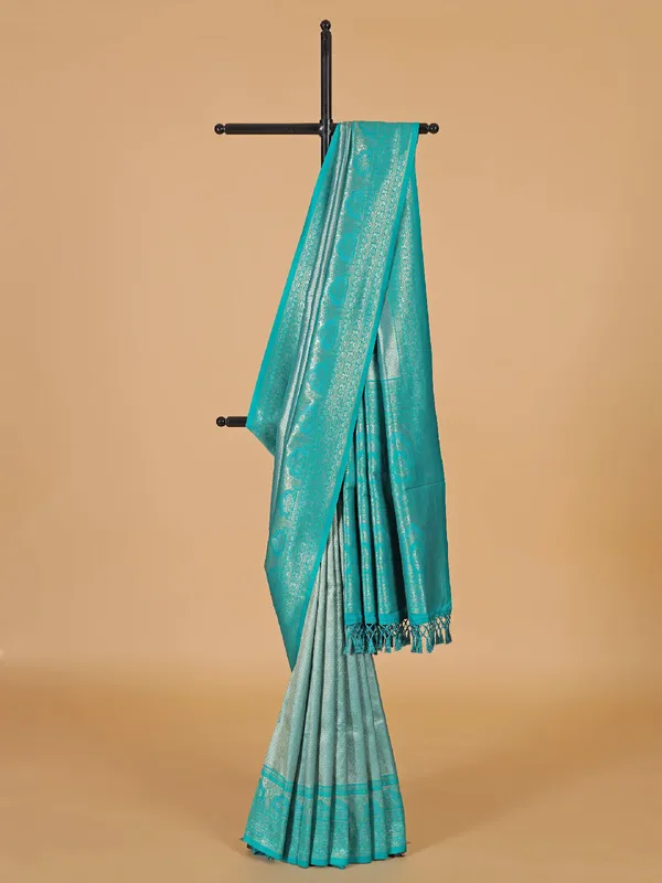 Zari worked aqua silk saree