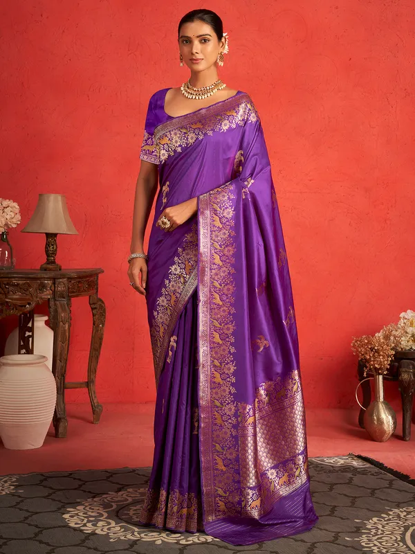 Zari worked purple pure banarasi upada silk saree