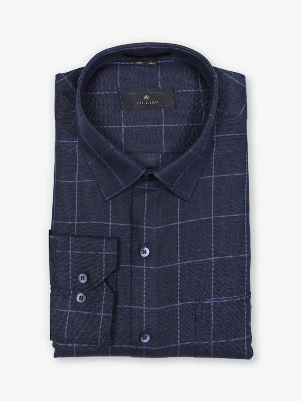 ZILLIAN formal linen navy shirt with checks