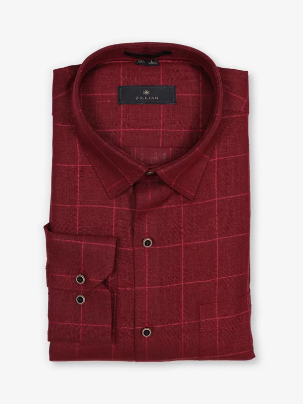 ZILLIAN maroon linen formal shirt with checks