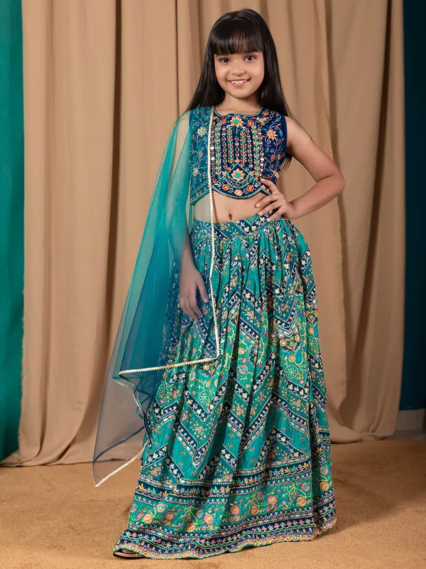 Silk printed green and blue lehenga choli