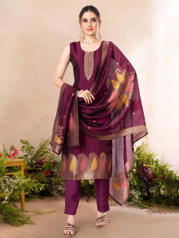 Wine silk salwar suit with dupatta for women