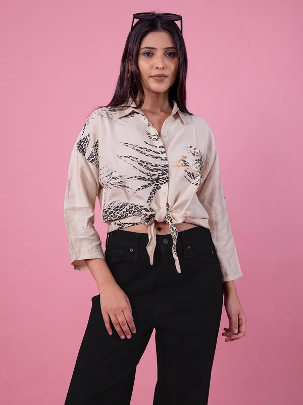 DEAL beige silk printed crop shirt