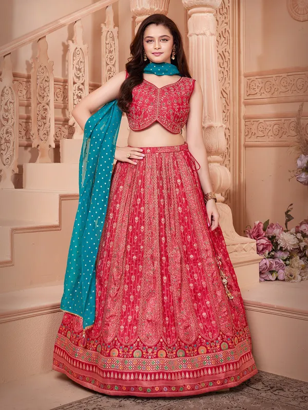 Pink banarasi silk sleeveless lehenga choli with dupatta for girls