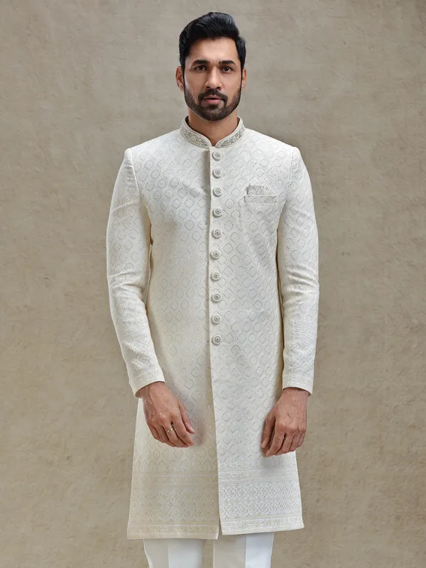 Ivory cream textured sophisticated sherwani for wedding