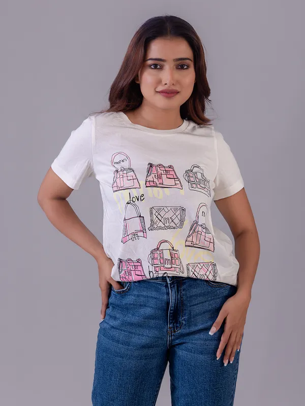 VERO MODA printed white cotton t-shirt for women