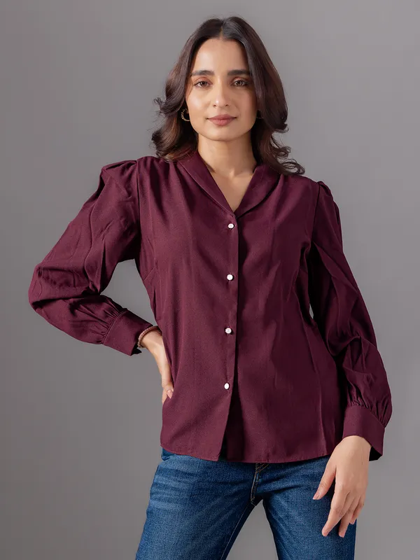 VERO MODA maroon peinted satin silk shirt