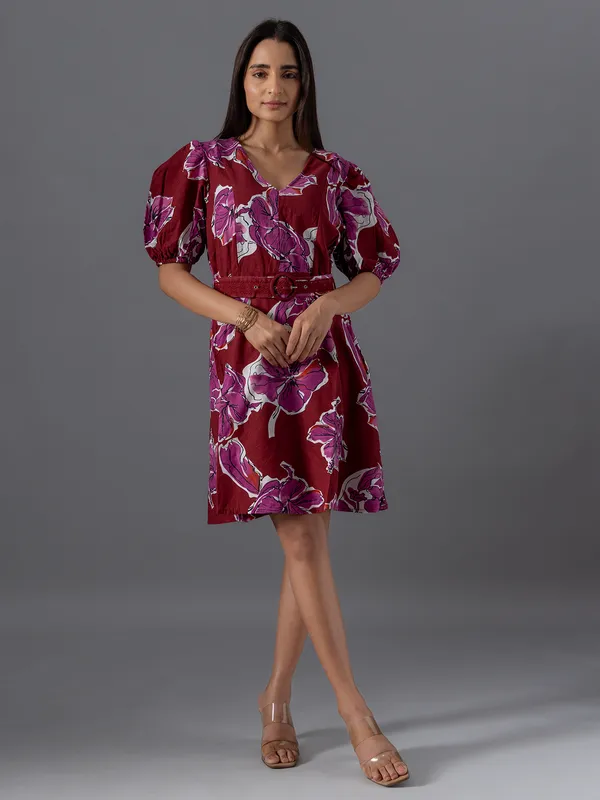 VERO MODA maroon printed dress in cotton