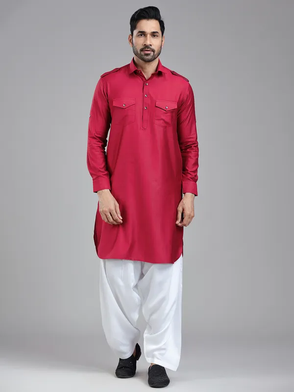 Luxurious dark maroonish red mens pathani kurta set