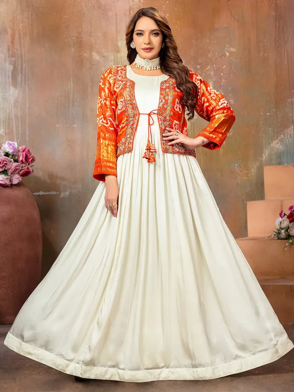 Off-white jacket style anarkali suit for wedding