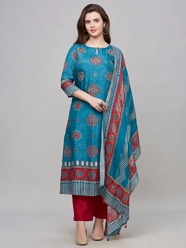 Trendy turquoise blue cotton kurti set