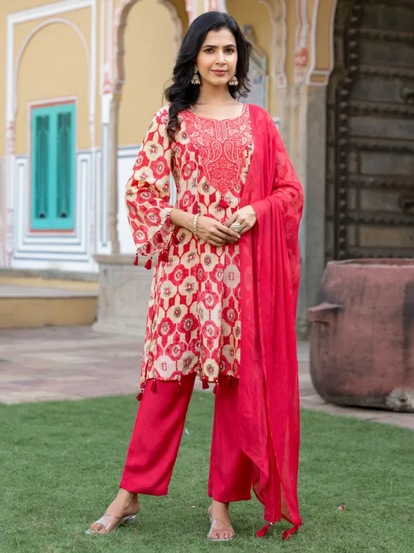 Pritnted cotton silk red salwar kameez