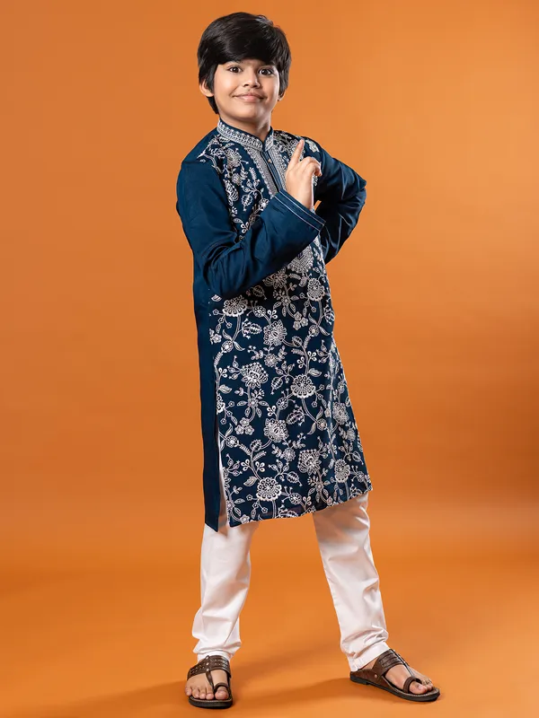 Rama blue kurta suit in fine embroidery for festival