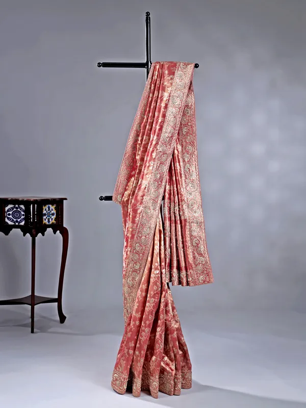 Peach shimmer silk saree with zardosi work