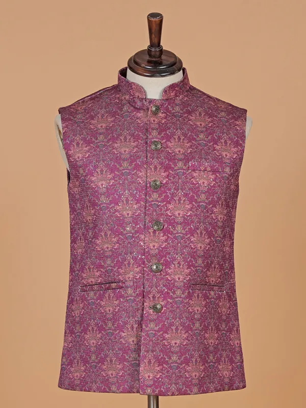 Wine printed cotton silk waistcoat for men