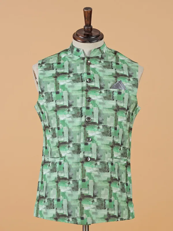 Elegant pista green printed waistcoat in silk