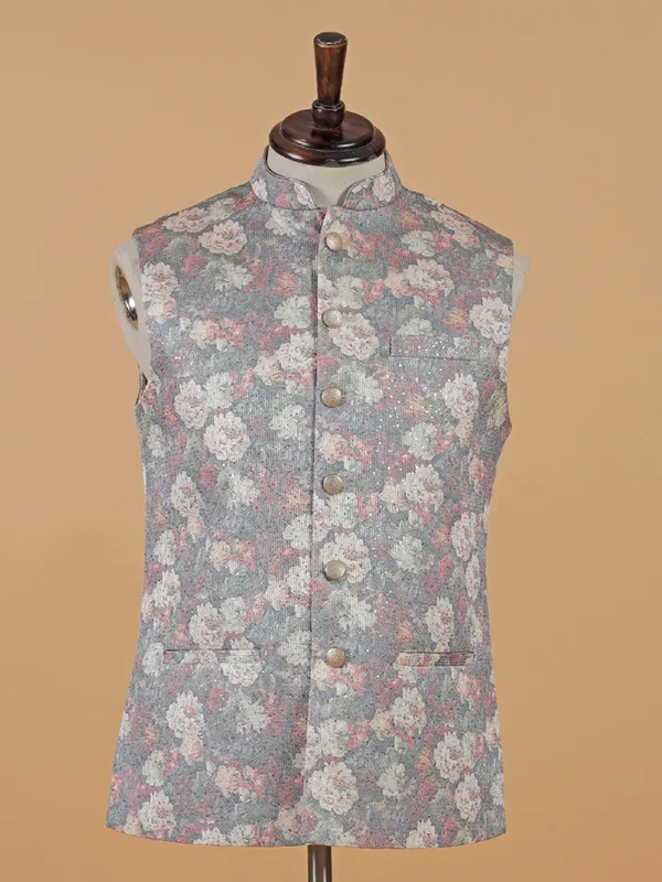 Grey floral printed silk waistcoat