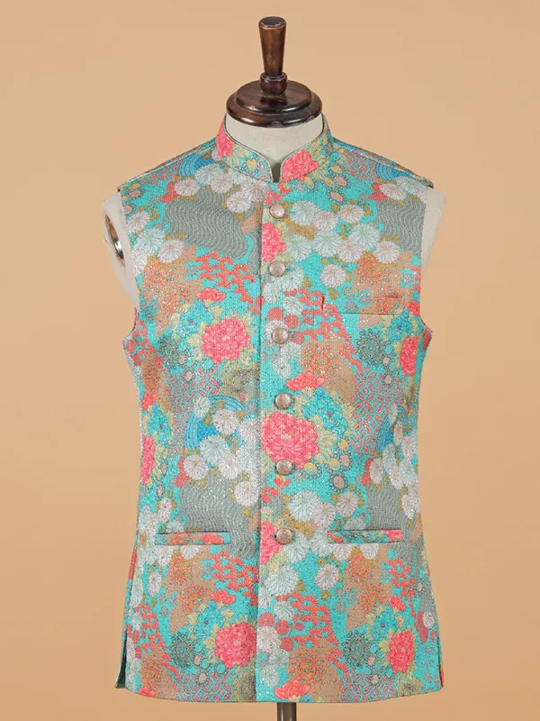 Silk floral printed aqua waistcoat