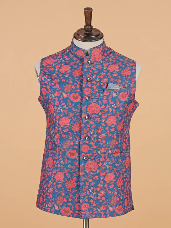 Blue printed waistcoat in silk for men