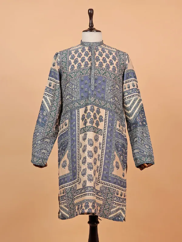 Beige and blue cotton kurta with ethnic print