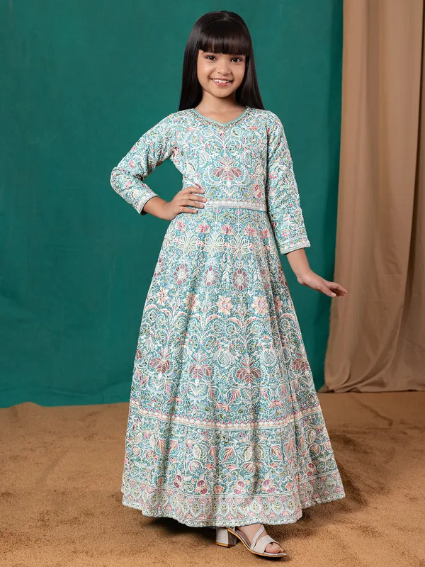 Floor length light blue georgette anarkali suit