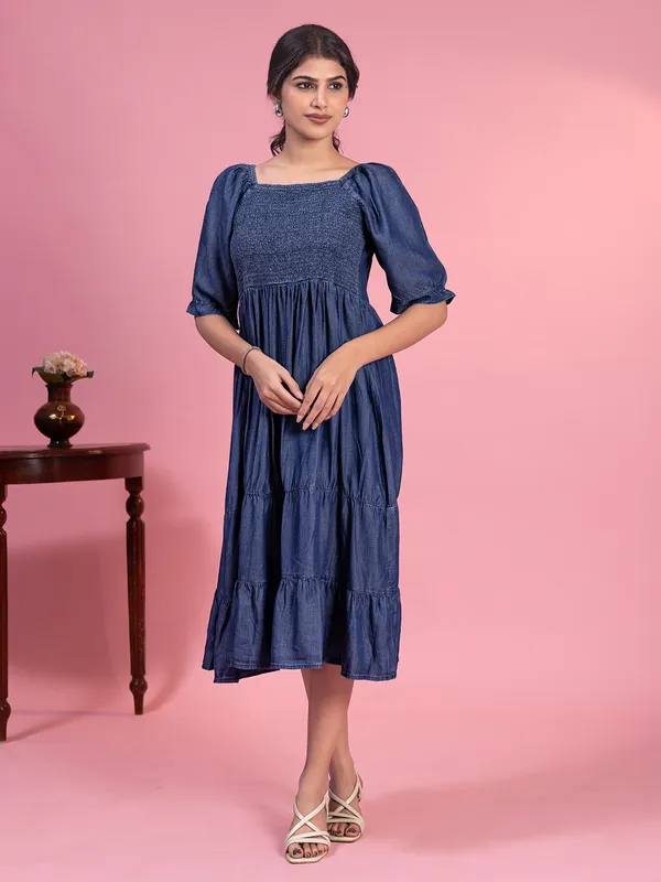 Blue cotton dress for casual wear