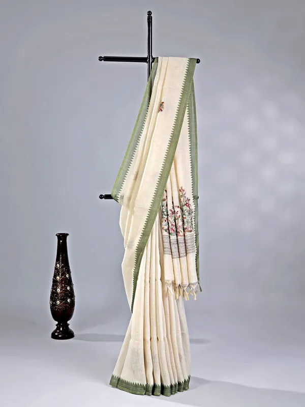 Cream and olive cotton silk saree