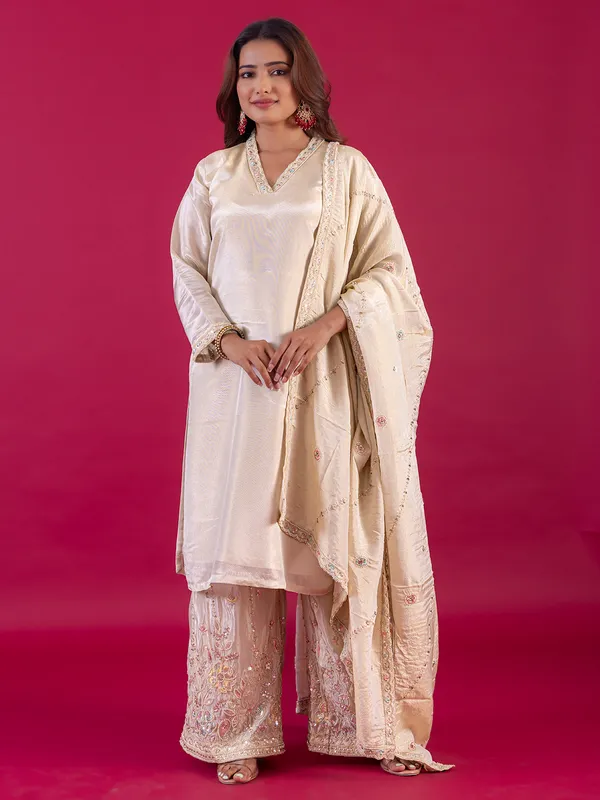 Cream pakistani silk palazzo suit for festival