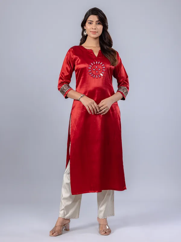 Red printed cotton silk kurti for women