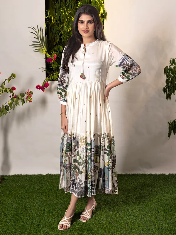 Cream printed cotton silk dress