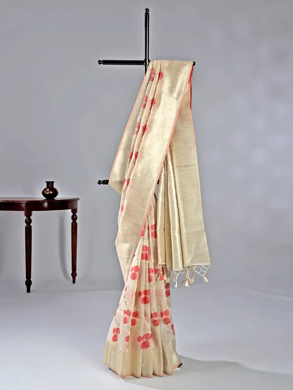 Beige and red semi cotton silk saree for women
