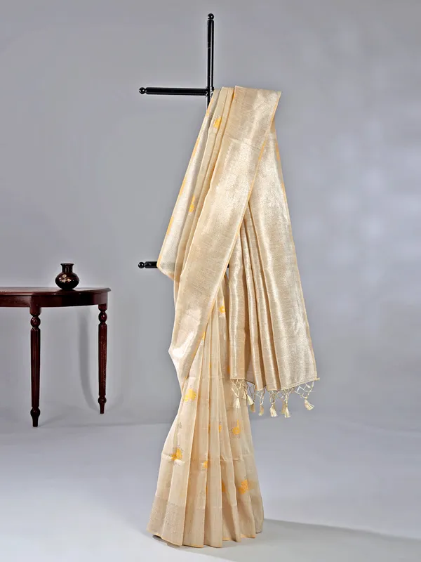 Beige and yellow printed semi cotton silk saree for women