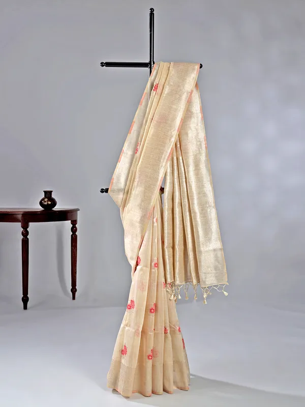 Red semi cotton silk saree for women festive wear