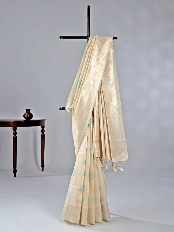 Sky blue and beige cotton silk saree for women with unstitched blouse