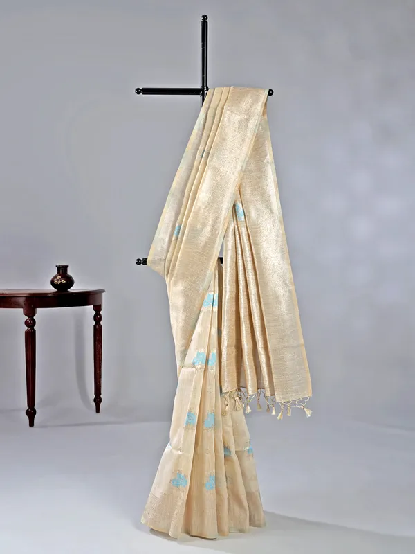 Sky blue and beige cotton silk saree for festive wear