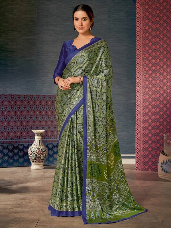 Blue and green printed crepe saree