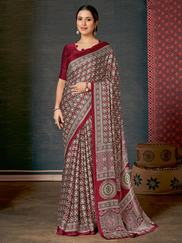 Black crepe saree with ajrakh print