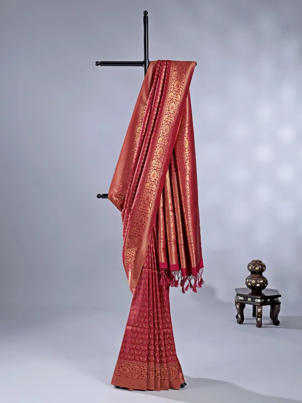 Maroon silk saree with zari weaving for festive