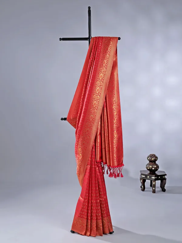 Red silk saree with zari weaving for women